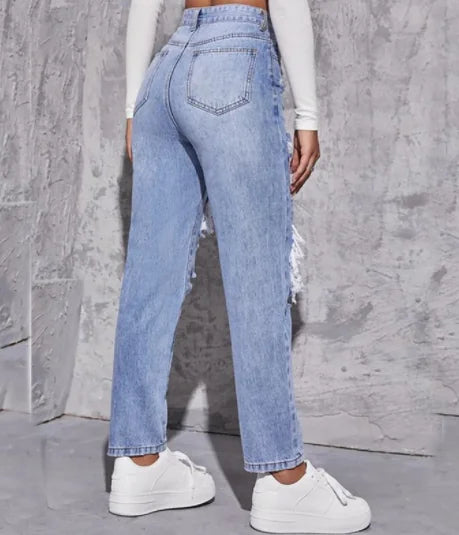 Jeans de Mezclilla para Mujer de Pierna Ancha y Cintura Alta Rasgados